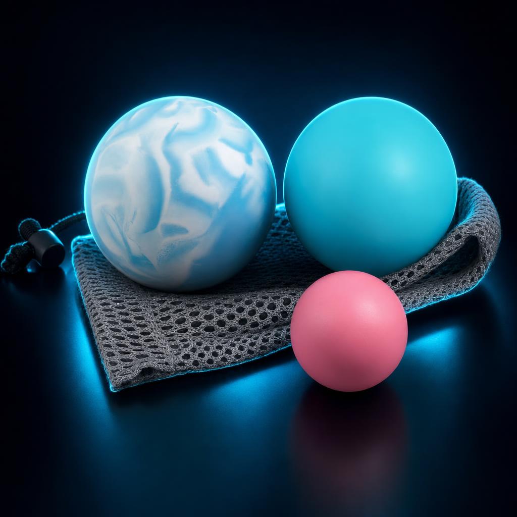 Set de bolas de masaje miofascial Vosmer sobre fondo oscuro con luz cian